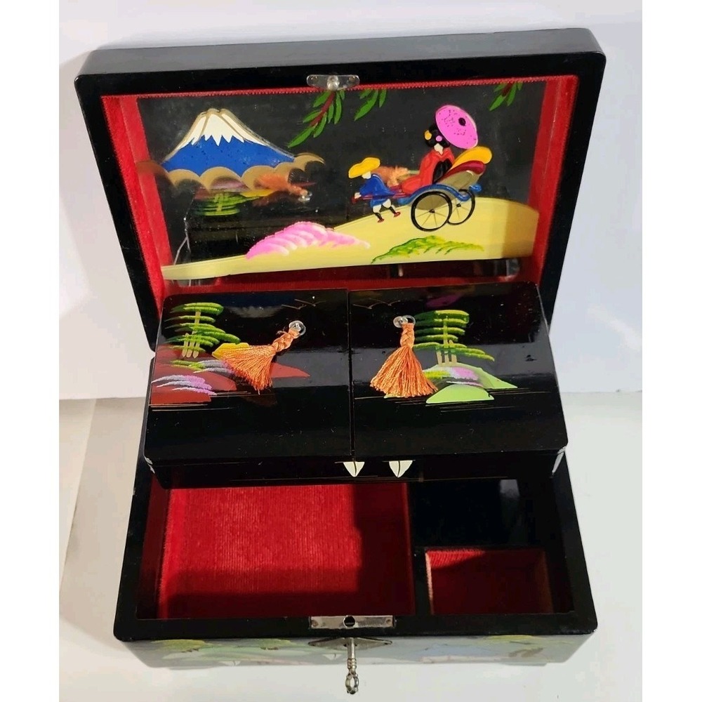 Vintage Crestline Japan Music Jewelry Box Black Lacquered Painted Mirror Locking - Picture 2 of 16